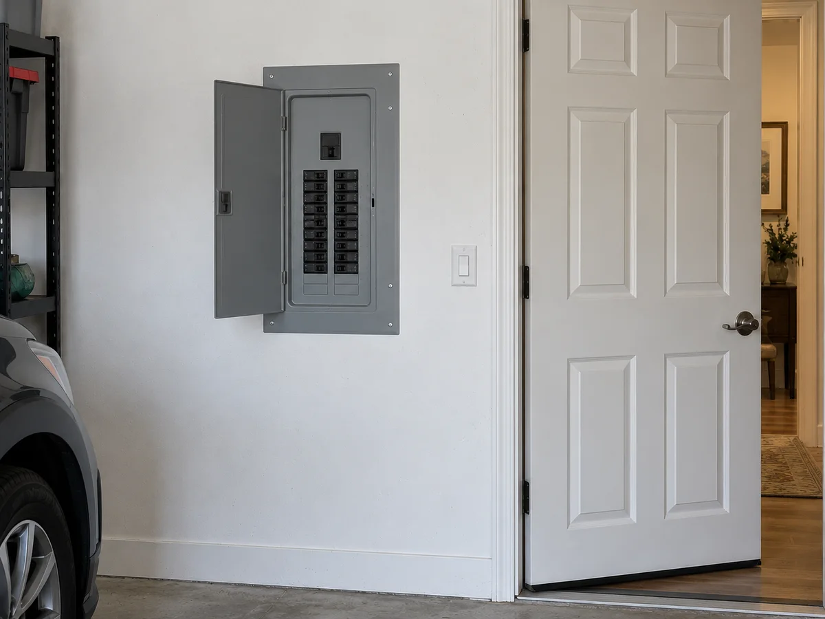 Residential breaker panel with its exterior door open and internal cover in place