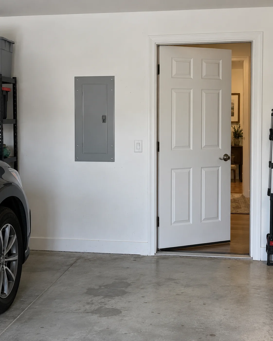 Residential electrical panel beside a standard garage entry door